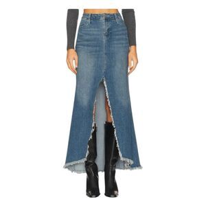 Show Me Your Mumu Reba Jeans Maxi Skirt Blue Denim Distressed Front Slit 26